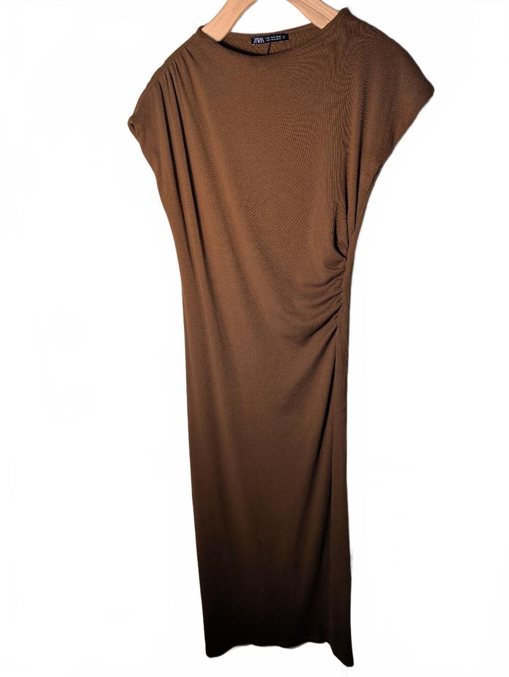 Zara Midi Dress Size Medium Brown Mock Neck Ribbed Stretch Neutral Fall Sexy